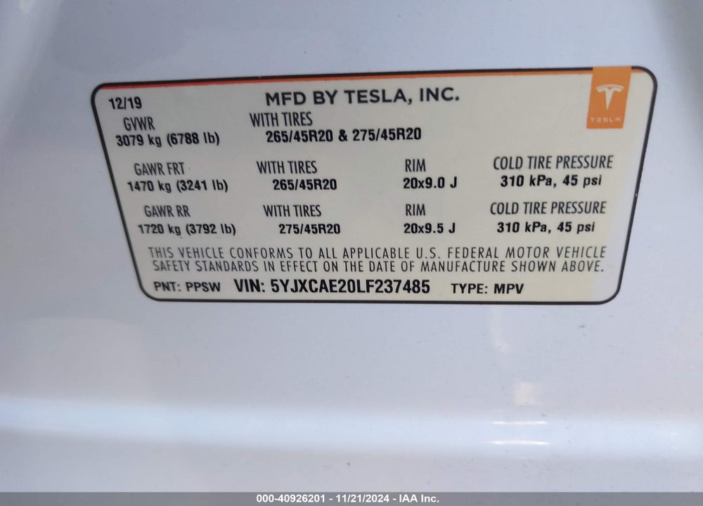 2020 TESLA MODEL X LONG RANGE DUAL MOTOR ALL-WHEEL DRIVE/LONG RANGE PLUS DUAL MOTOR ALL-WHEEL DRIVE VIN: 5YJXCAE20LF237485