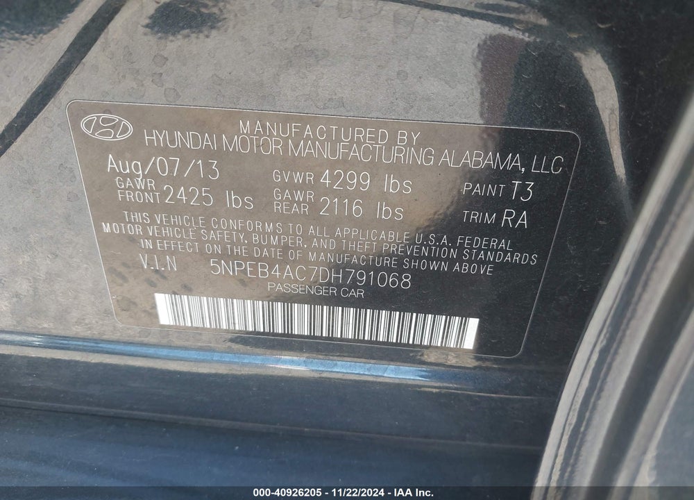 2013 HYUNDAI SONATA GLS VIN: 5NPEB4AC7DH791068