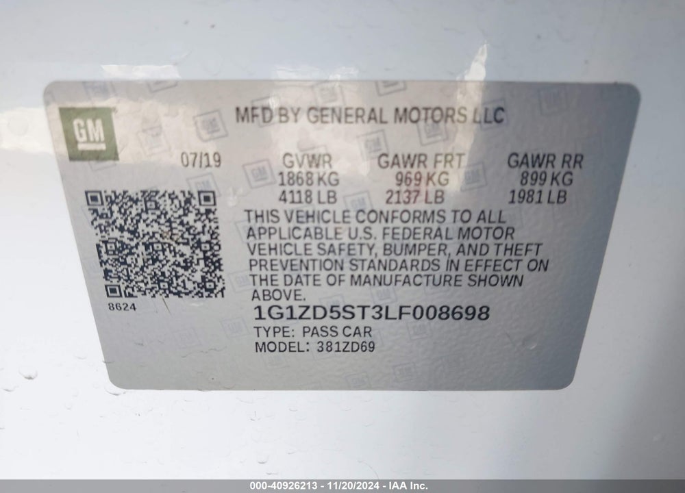 2020 CHEVROLET MALIBU FWD LT VIN: 1G1ZD5ST3LF008698
