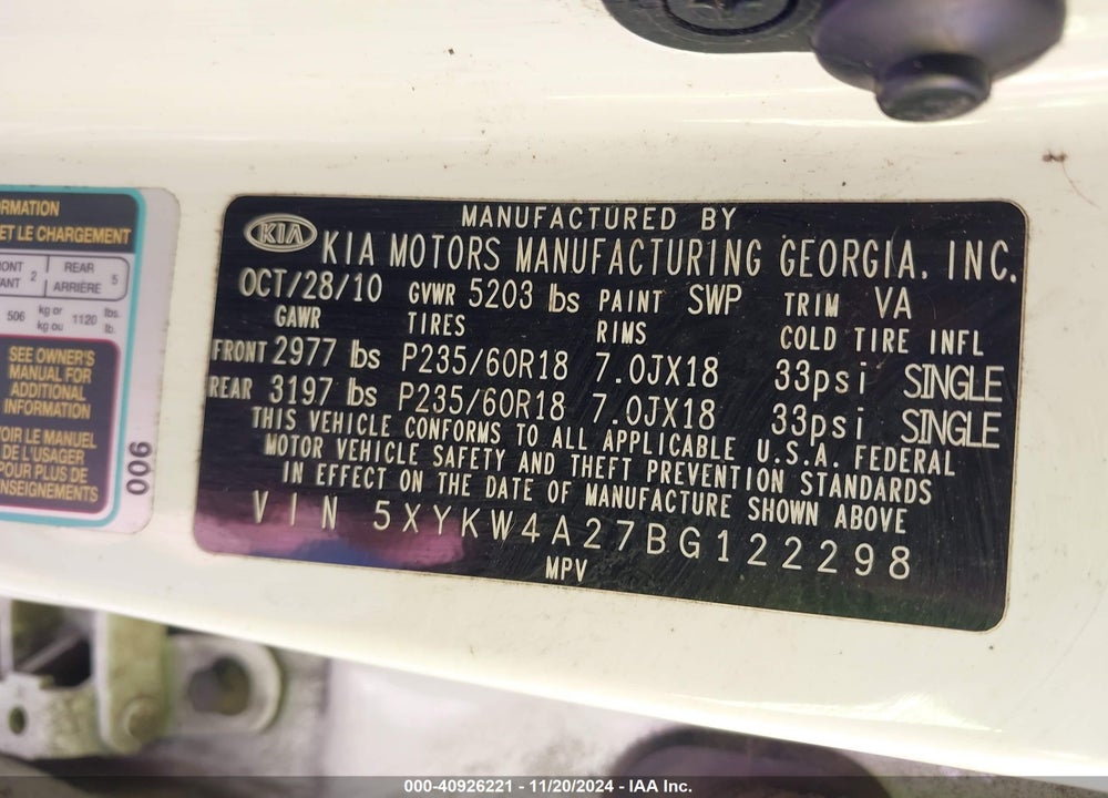 2011 KIA SORENTO SX V6 VIN: 5XYKW4A27BG122298