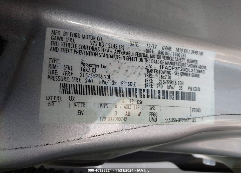 2013 FORD FOCUS SE VIN: 1FADP3F20DL213953