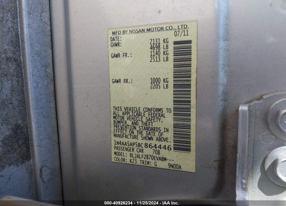 2011 NISSAN MAXIMA 3.5 SV VIN: 1N4AA5AP5BC864446