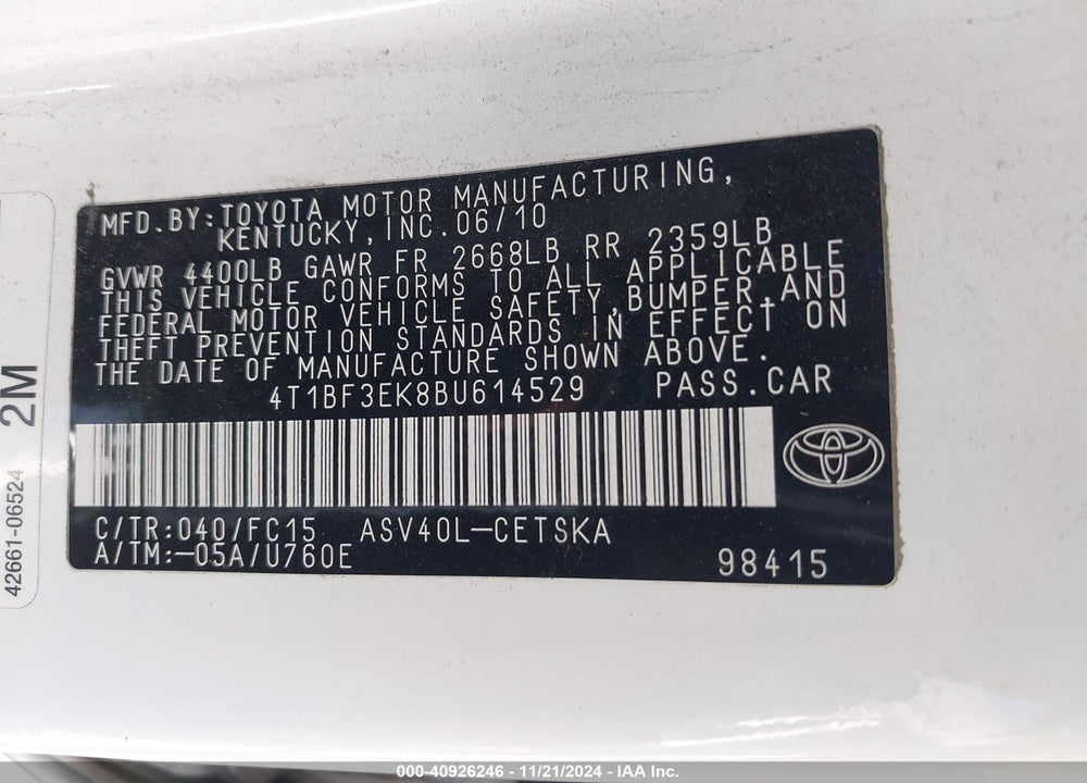 2011 TOYOTA CAMRY SE VIN: 4T1BF3EK8BU614529