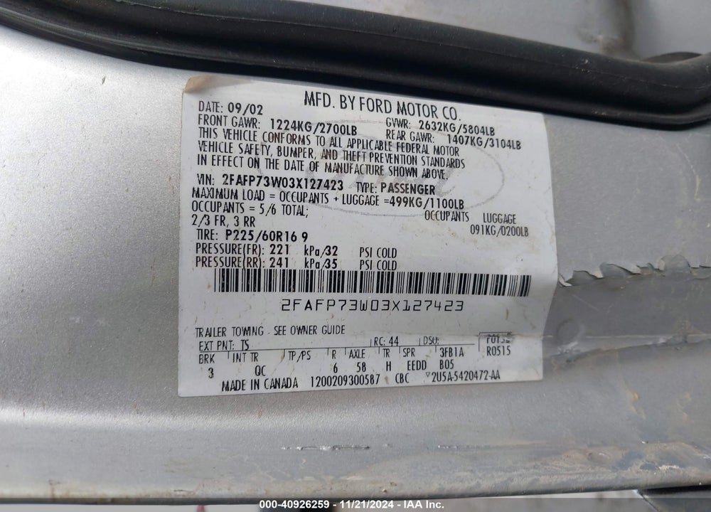 2003 FORD CROWN VICTORIA STANDARD VIN: 2FAFP73W03X127423