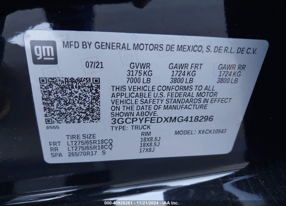2021 CHEVROLET SILVERADO 1500 4WD SHORT BED LT TRAIL BOSS VIN: 3GCPYFEDXMG418296