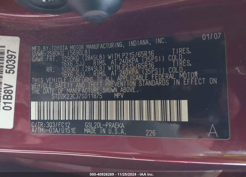 2007 TOYOTA SIENNA LE VIN: 5TDZK23C37S011875