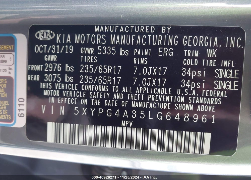 2020 KIA SORENTO 2.4L LX VIN: 5XYPG4A35LG648961