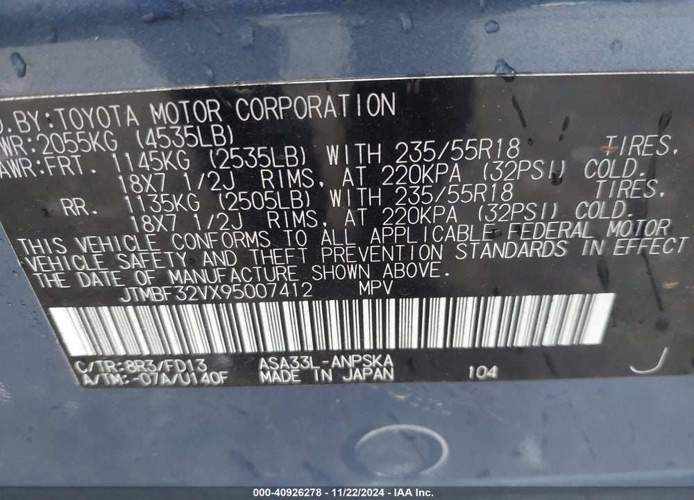 2009 TOYOTA RAV4 SPORT VIN: JTMBF32VX95007412