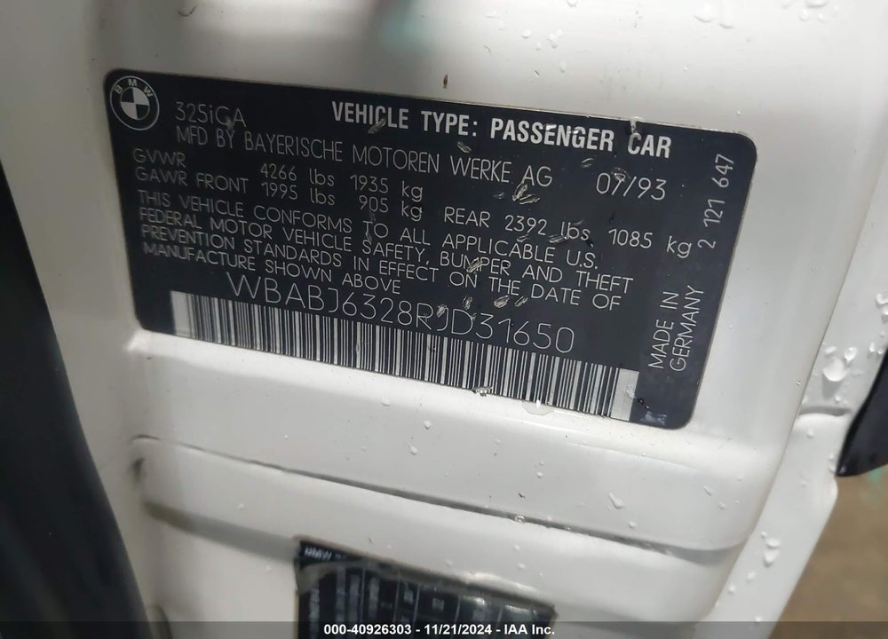 1994 BMW 325 IC AUTOMATIC VIN: WBABJ6328RJD31650