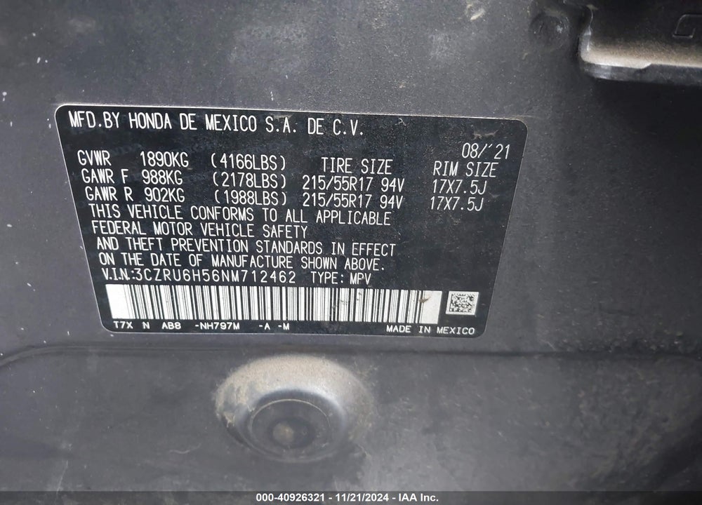 2022 HONDA HR-V AWD EX VIN: 3CZRU6H56NM712462