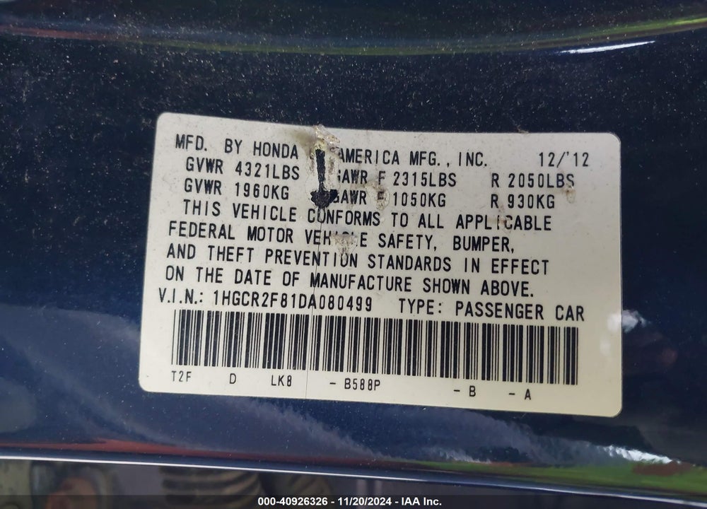 2013 HONDA ACCORD EX-L VIN: 1HGCR2F81DA080499