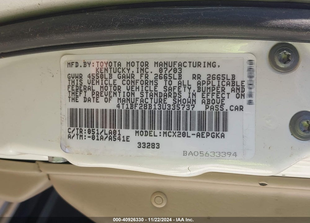 2003 TOYOTA AVALON XLS VIN: 4T1BF28B13U335737