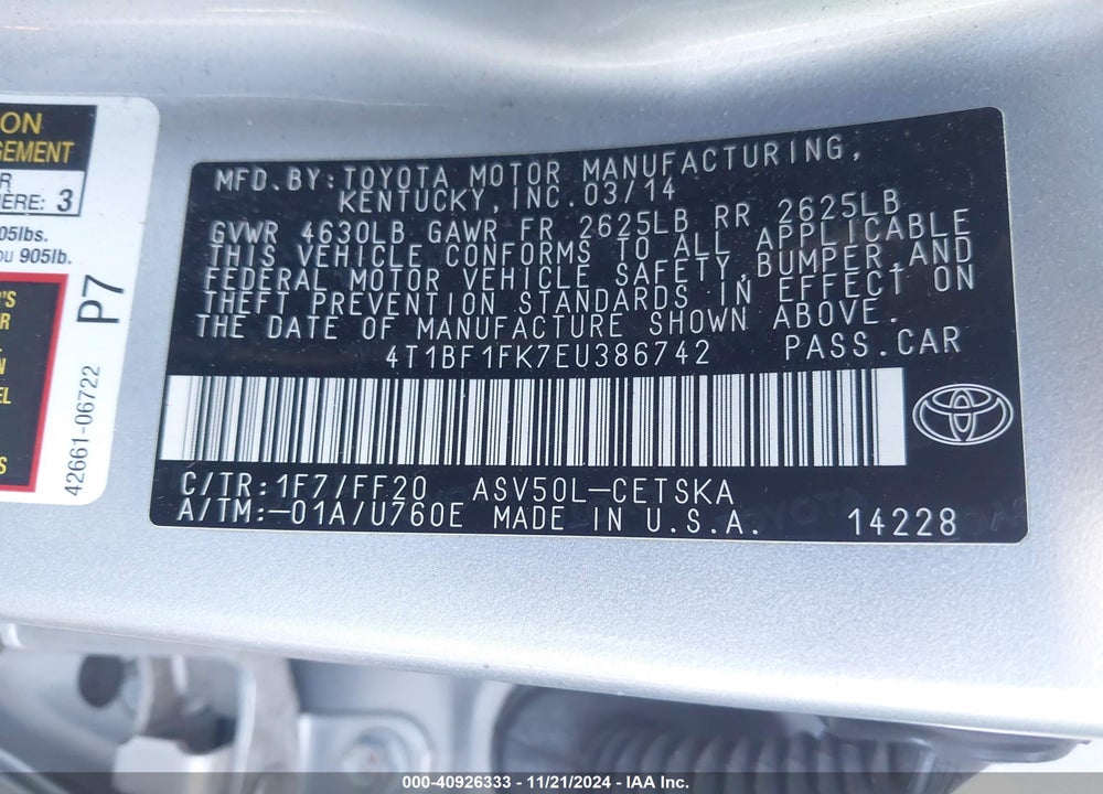 2014 TOYOTA CAMRY SE VIN: 4T1BF1FK7EU386742