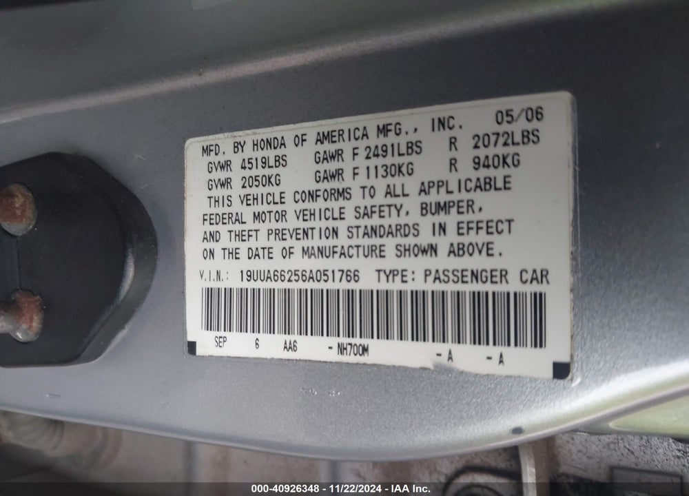 2006 ACURA TL VIN: 19UUA66256A051766