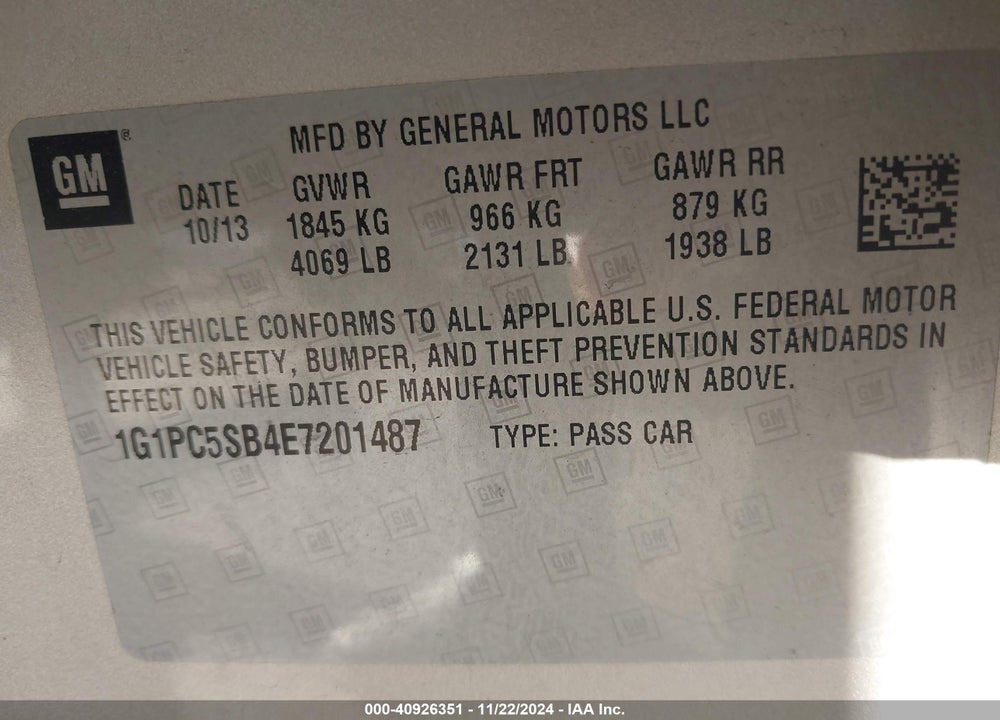 2014 CHEVROLET CRUZE 1LT AUTO VIN: 1G1PC5SB4E7201487