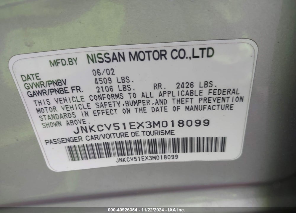 2003 INFINITI G35 BASE W/6 SPEED MANUAL VIN: JNKCV51EX3M018099