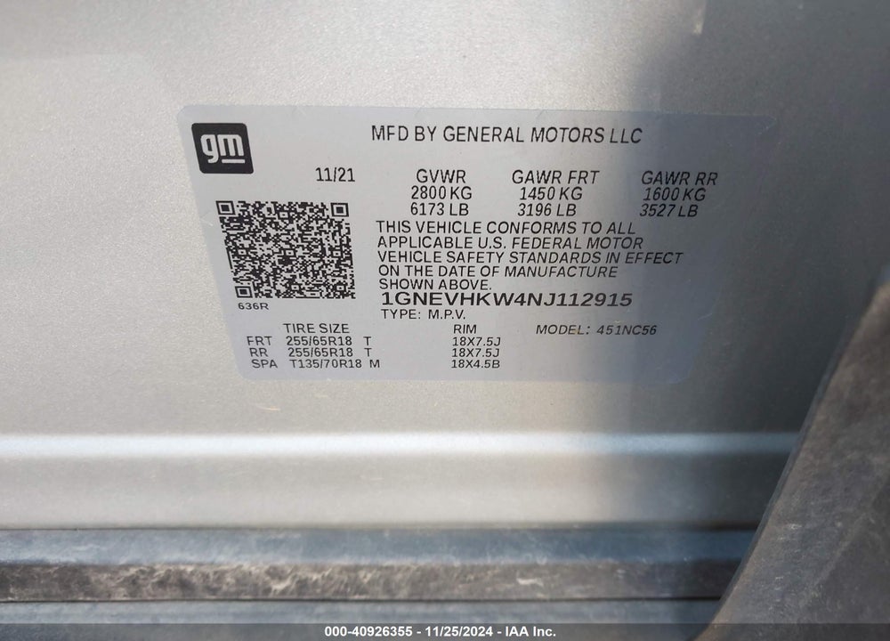 2022 CHEVROLET TRAVERSE AWD LT LEATHER VIN: 1GNEVHKW4NJ112915