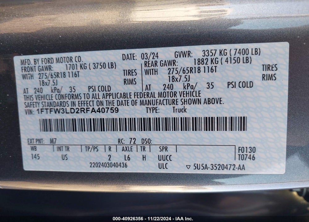 2024 FORD F-150 XLT VIN: 1FTFW3LD2RFA40759