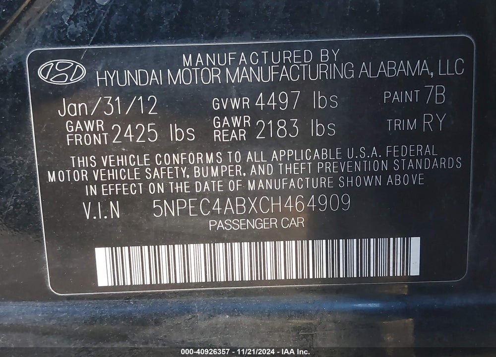 2012 HYUNDAI SONATA LIMITED 2.0T VIN: 5NPEC4ABXCH464909