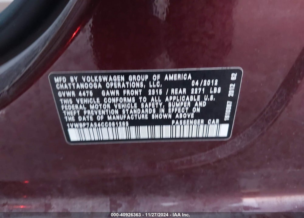 2012 VOLKSWAGEN PASSAT 2.5L SE VIN: 1VWBP7A34CC081283