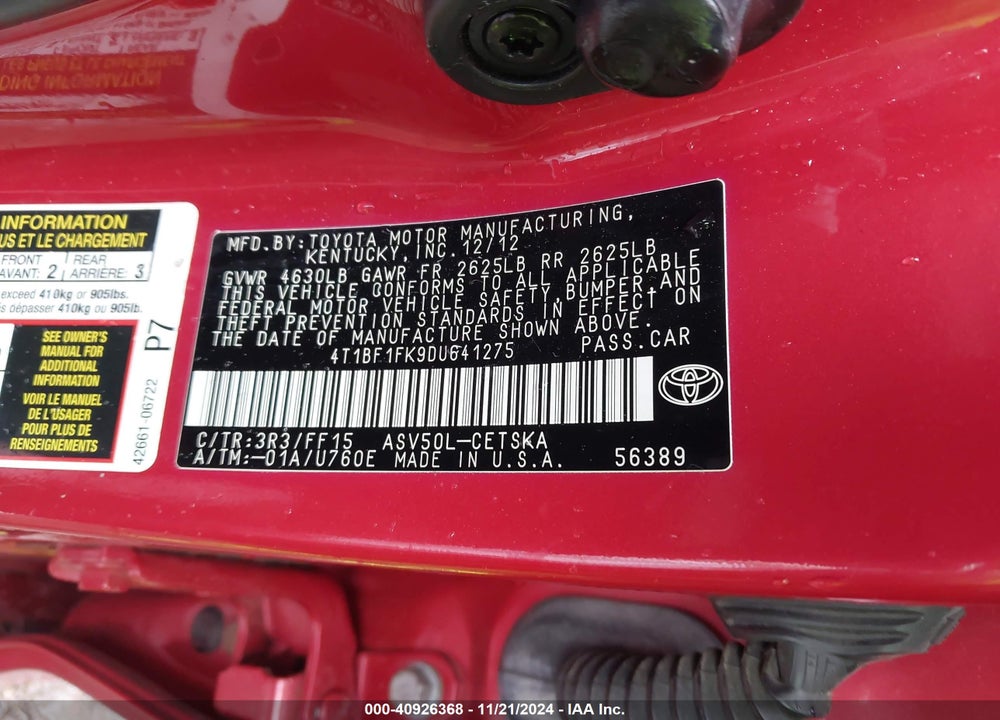 2013 TOYOTA CAMRY SE VIN: 4T1BF1FK9DU641275