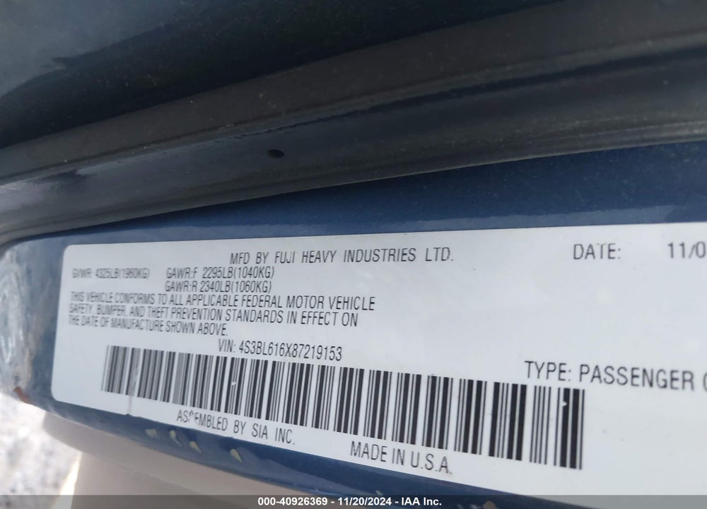 2008 SUBARU LEGACY 2.5I VIN: 4S3BL616X87219153