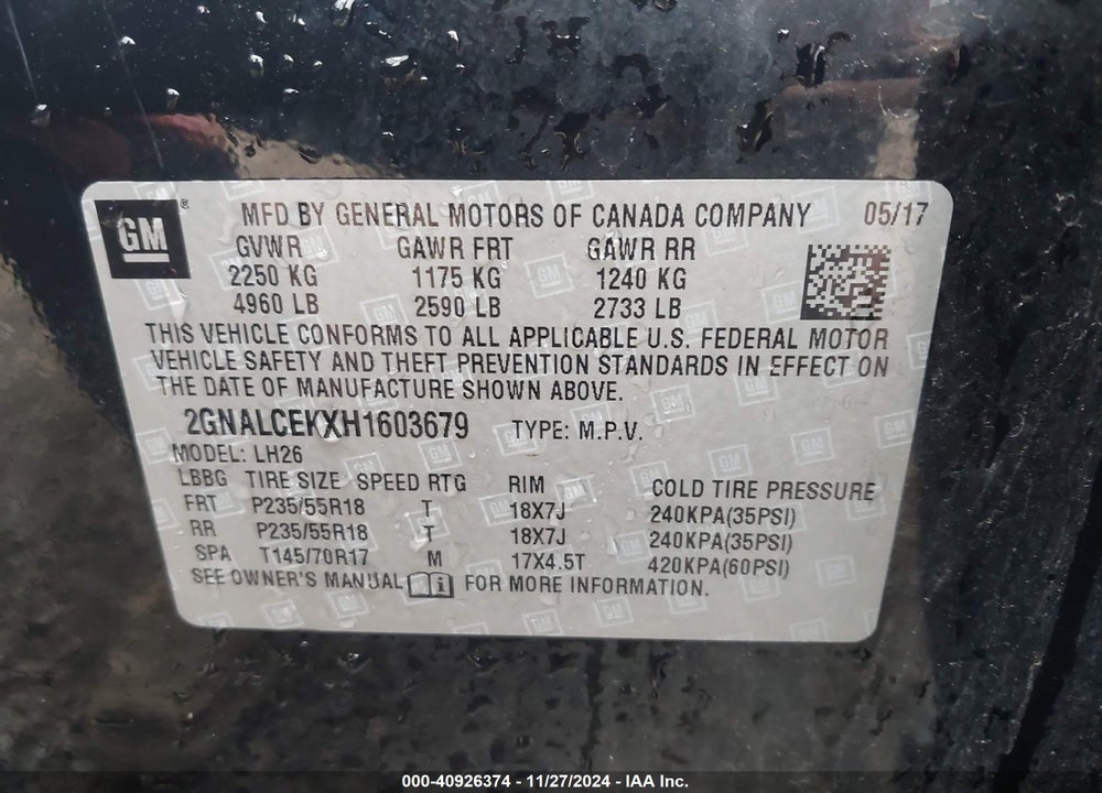 2017 CHEVROLET EQUINOX LT VIN: 2GNALCEKXH1603679