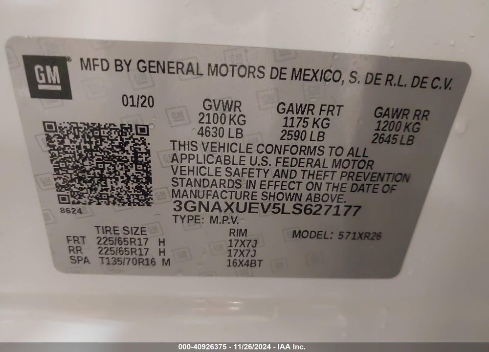 2020 CHEVROLET EQUINOX AWD LT 1.5L TURBO VIN: 3GNAXUEV5LS627177
