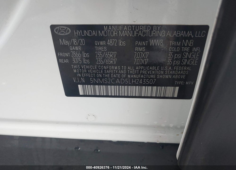 2020 HYUNDAI SANTA FE SE VIN: 5NMS2CAD5LH243507