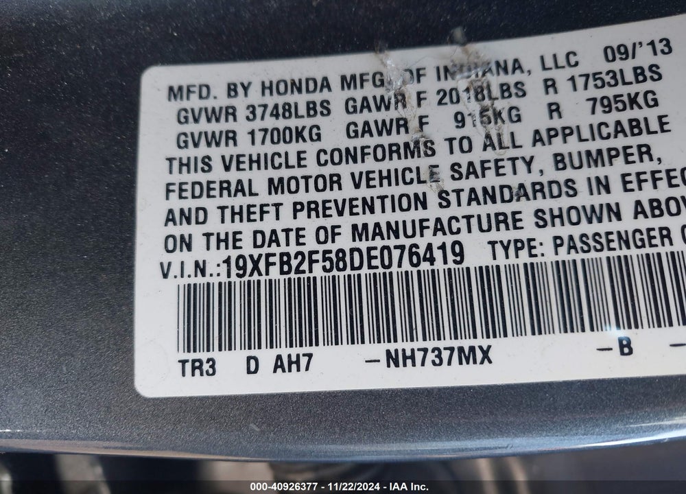 2013 HONDA CIVIC VIN: 19XFB2F58DE076419