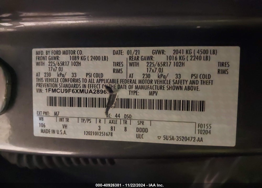 2021 FORD ESCAPE S VIN: 1FMCU9F6XMUA28965
