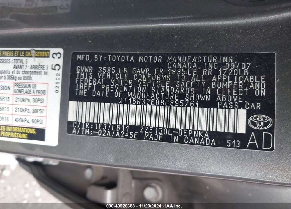 2008 TOYOTA COROLLA LE VIN: 2T1BR32E88C895764