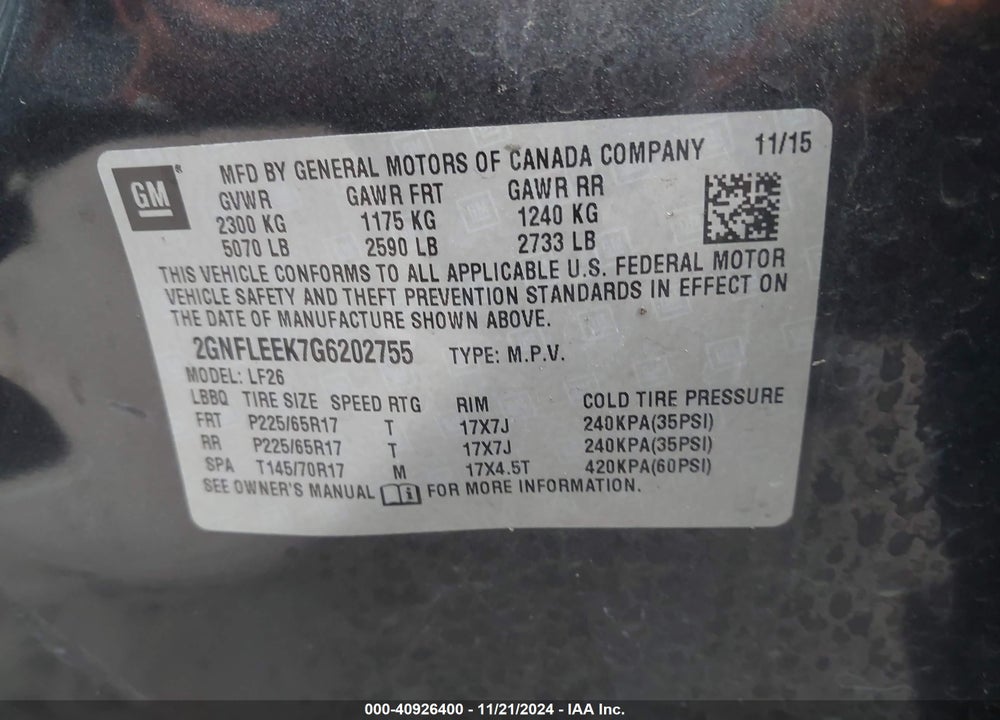 2016 CHEVROLET EQUINOX LS VIN: 2GNFLEEK7G6202755
