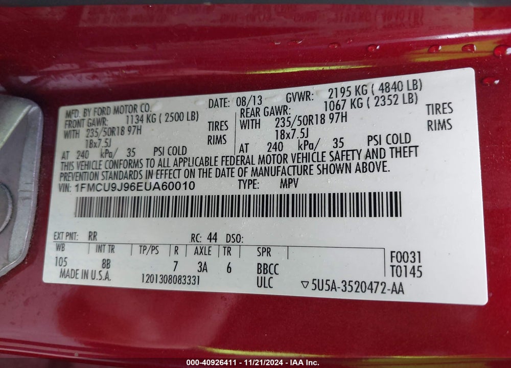 2014 FORD ESCAPE TITANIUM VIN: 1FMCU9J96EUA60010