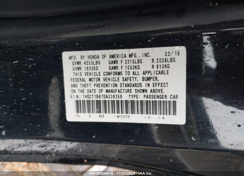 2016 HONDA ACCORD EX-L VIN: 1HGCT1B87GA009359