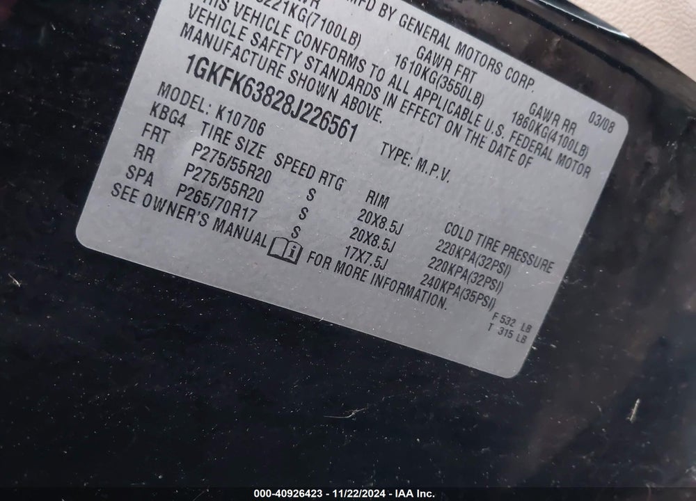 2008 GMC YUKON DENALI VIN: 1GKFK63828J226561