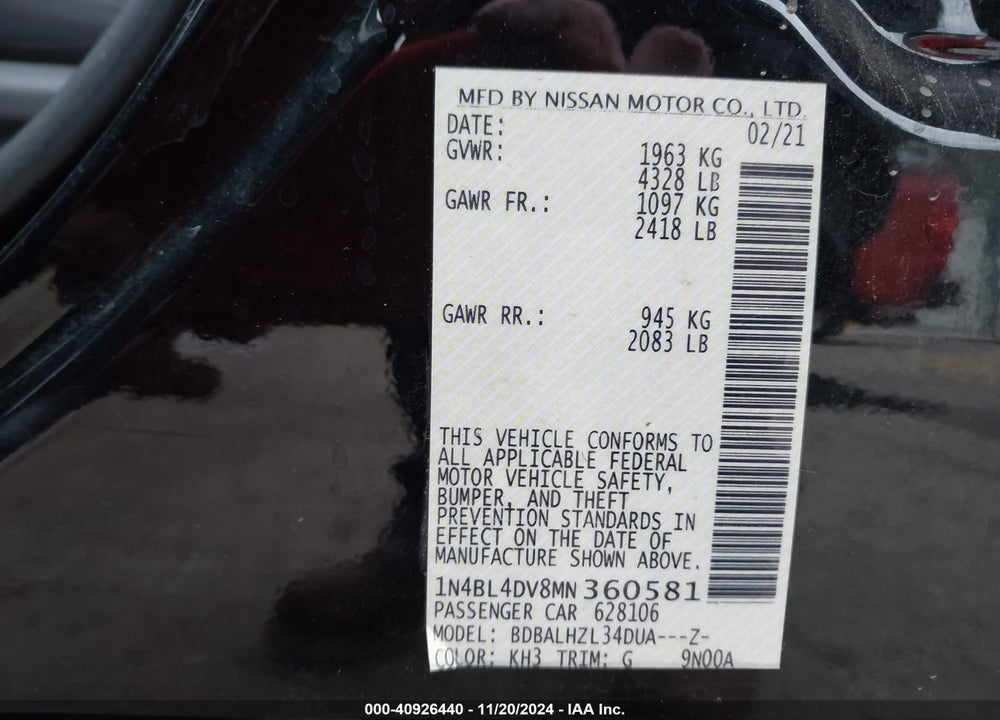 2021 NISSAN ALTIMA SV FWD VIN: 1N4BL4DV8MN360581