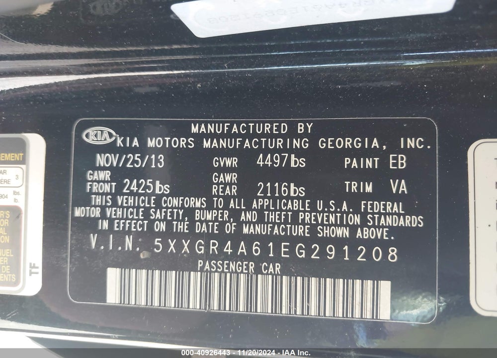 2014 KIA OPTIMA SXL TURBO VIN: 5XXGR4A61EG291208