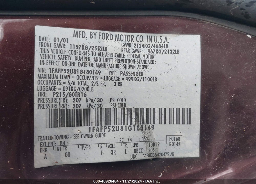 2001 FORD TAURUS LX VIN: 1FAFP52U81G180149