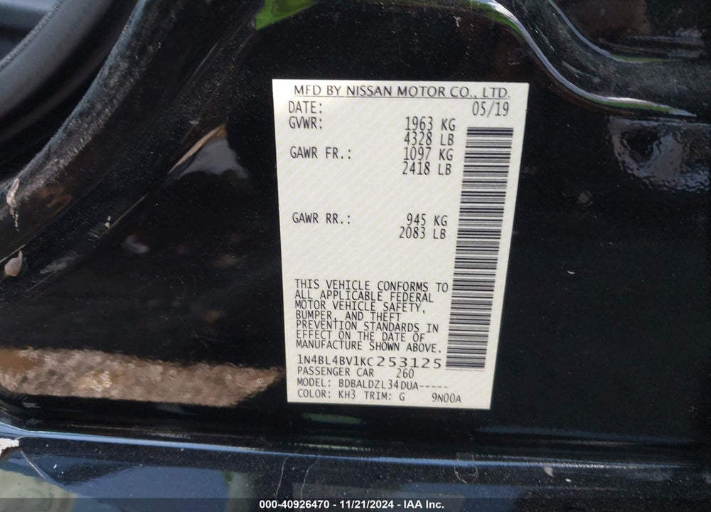 2019 NISSAN ALTIMA 2.5 S VIN: 1N4BL4BV1KC253125