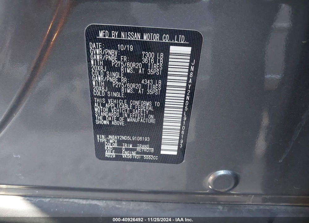 2020 NISSAN ARMADA PLATINUM 2WD VIN: JN8AY2ND5L9106193
