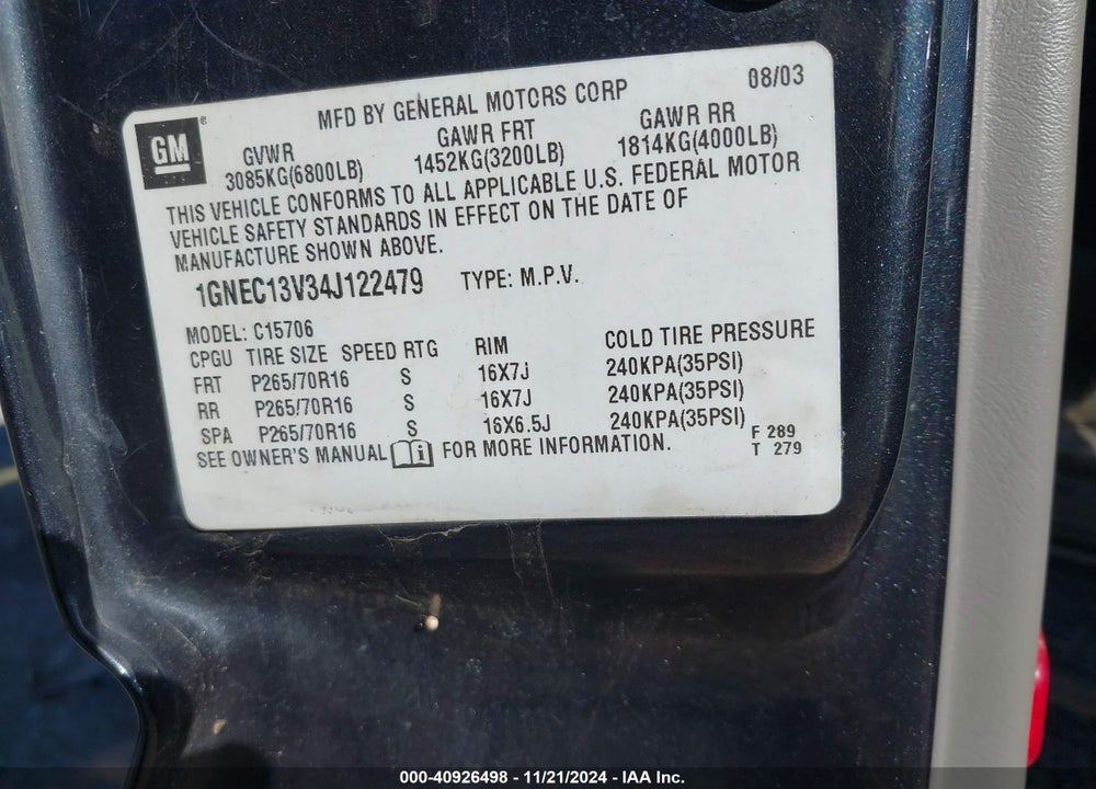 2004 CHEVROLET TAHOE LS VIN: 1GNEC13V34J122479