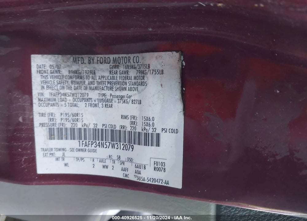 2007 FORD FOCUS S/SE/SES VIN: 1FAFP34N57W312079