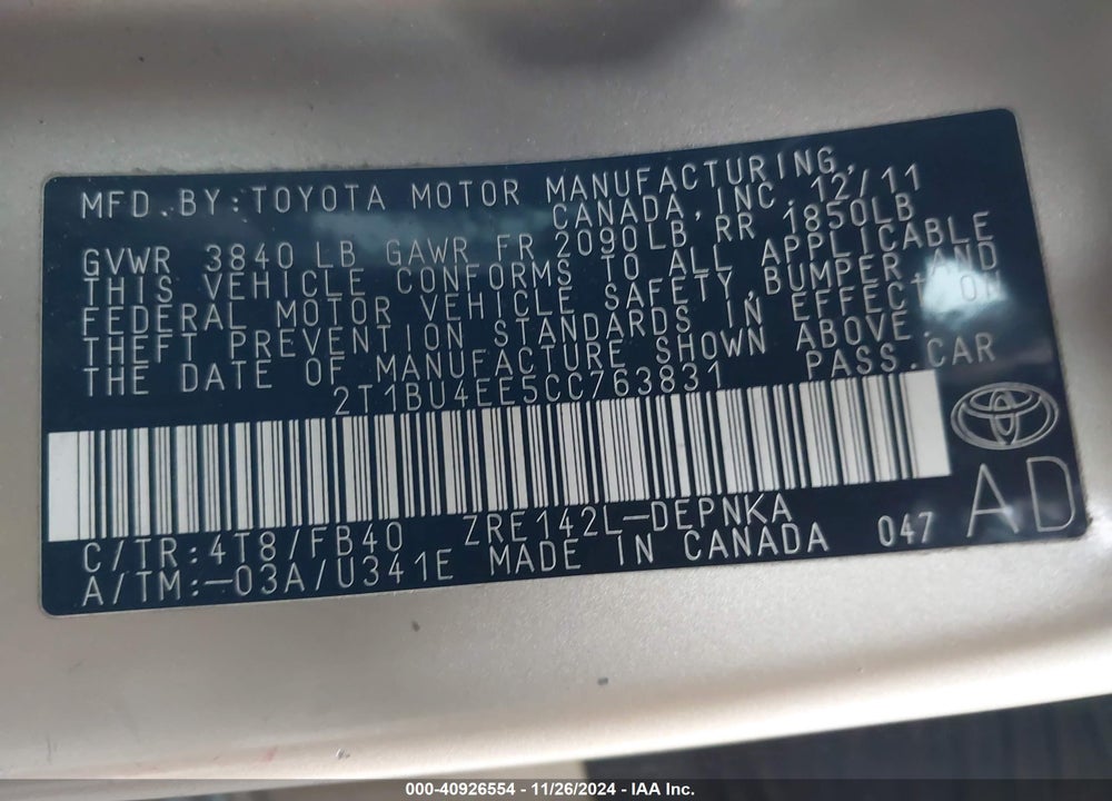 2012 TOYOTA COROLLA VIN: 2T1BU4EE5CC763831