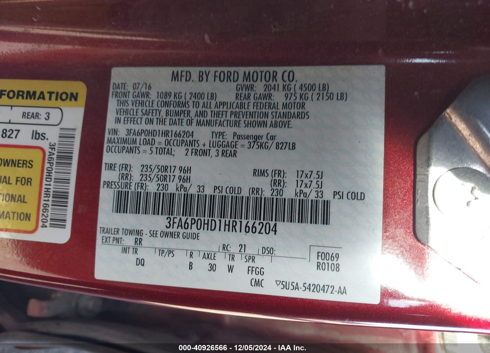 2017 FORD FUSION SE VIN: 3FA6P0HD1HR166204