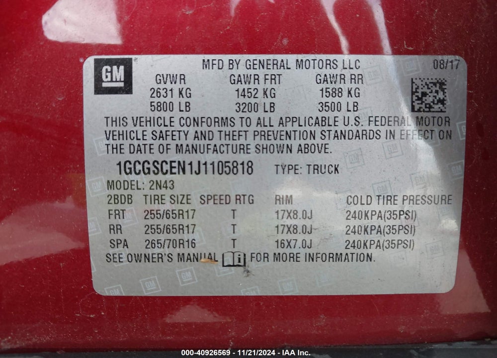 2018 CHEVROLET COLORADO LT VIN: 1GCGSCEN1J1105818
