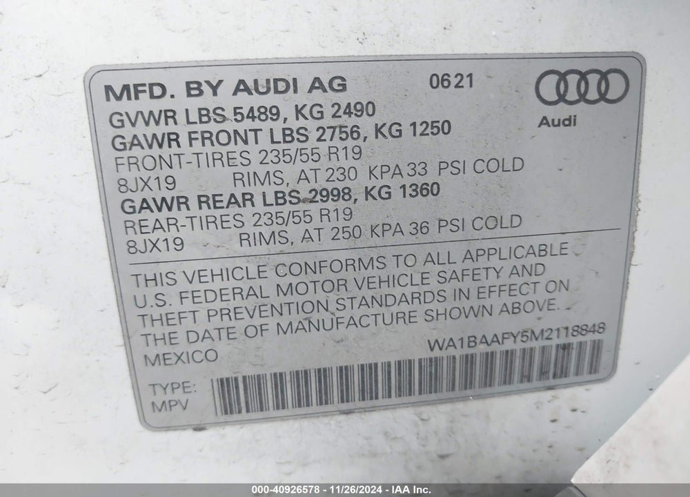 2021 AUDI Q5 PREMIUM PLUS 45 TFSI QUATTRO S TRONIC VIN: WA1BAAFY5M2118848