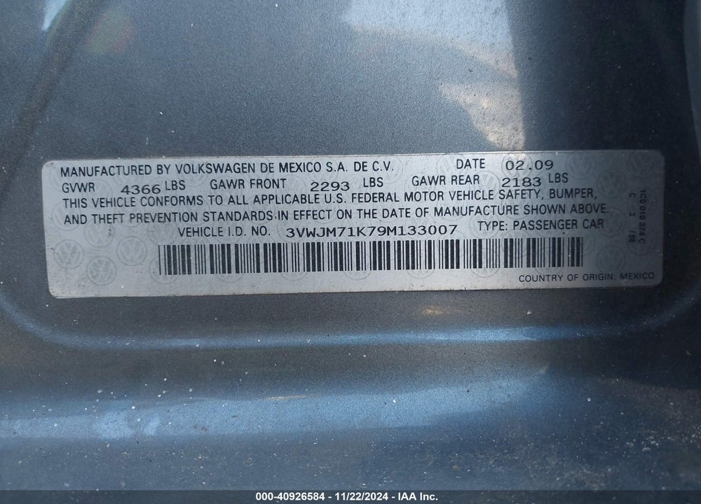 2009 VOLKSWAGEN JETTA S VIN: 3VWJM71K79M133007