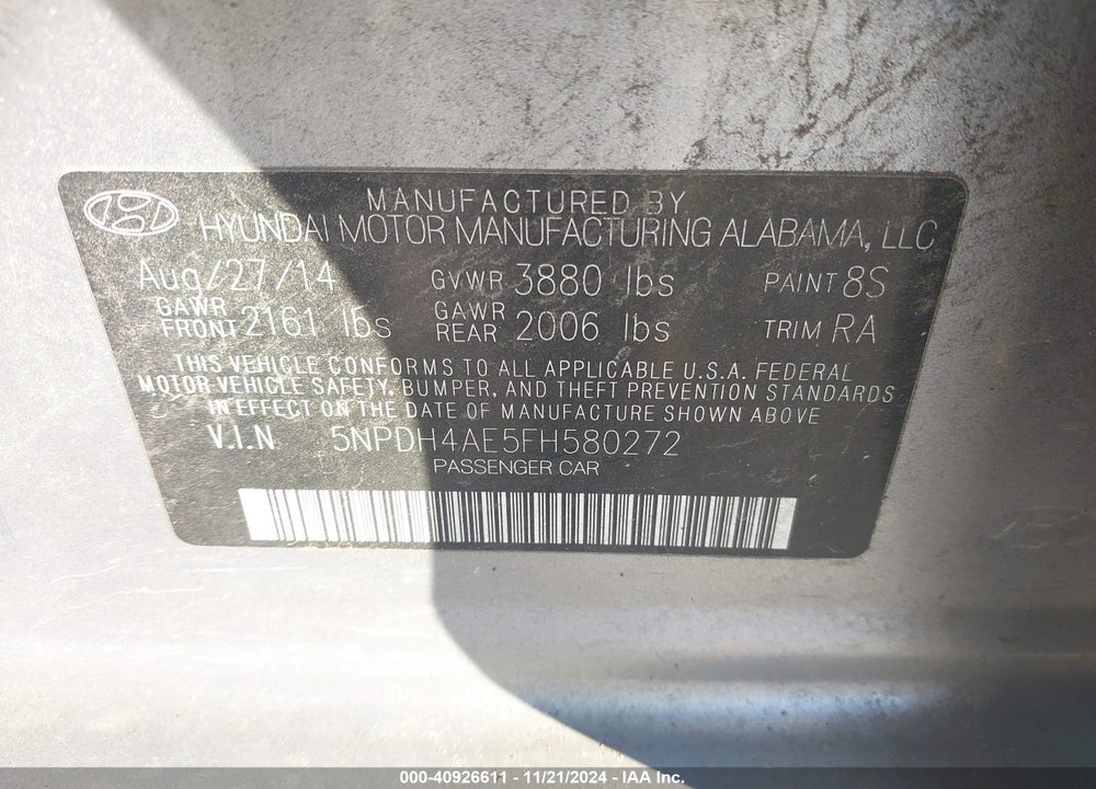 2015 HYUNDAI ELANTRA SE VIN: 5NPDH4AE5FH580272