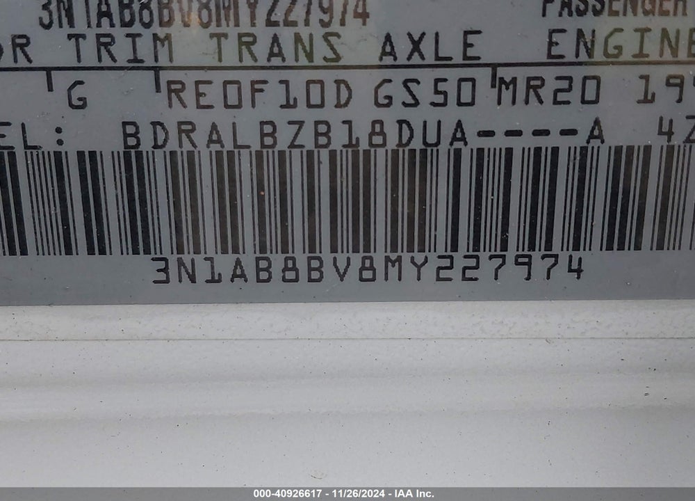2021 NISSAN SENTRA S XTRONIC CVT VIN: 3N1AB8BV8MY227974